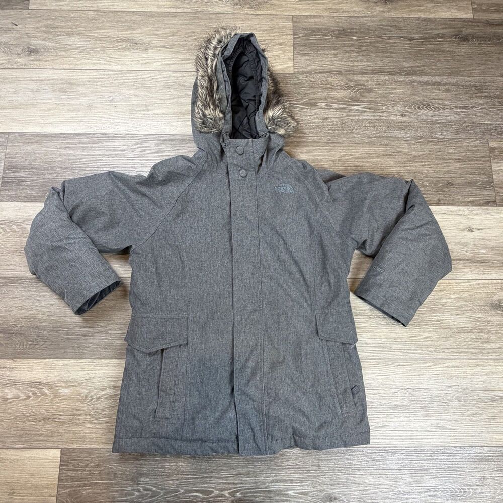 The North Face Jacket Girls Size 18 Gray DryVent 550 Down Parka Faux Fur Hood